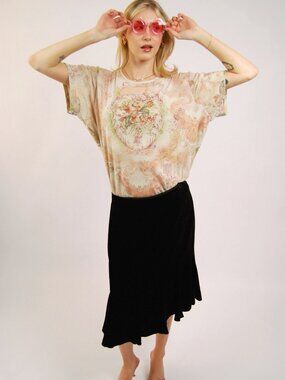 Y2K Velvet Midi Skirt (6) black vintage flowy whimsygoth Ann Taylor Loft cute